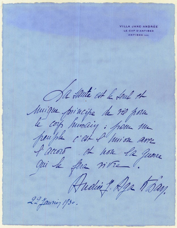 Hand-written letter by Begum Andree-Caron Aga Khan III