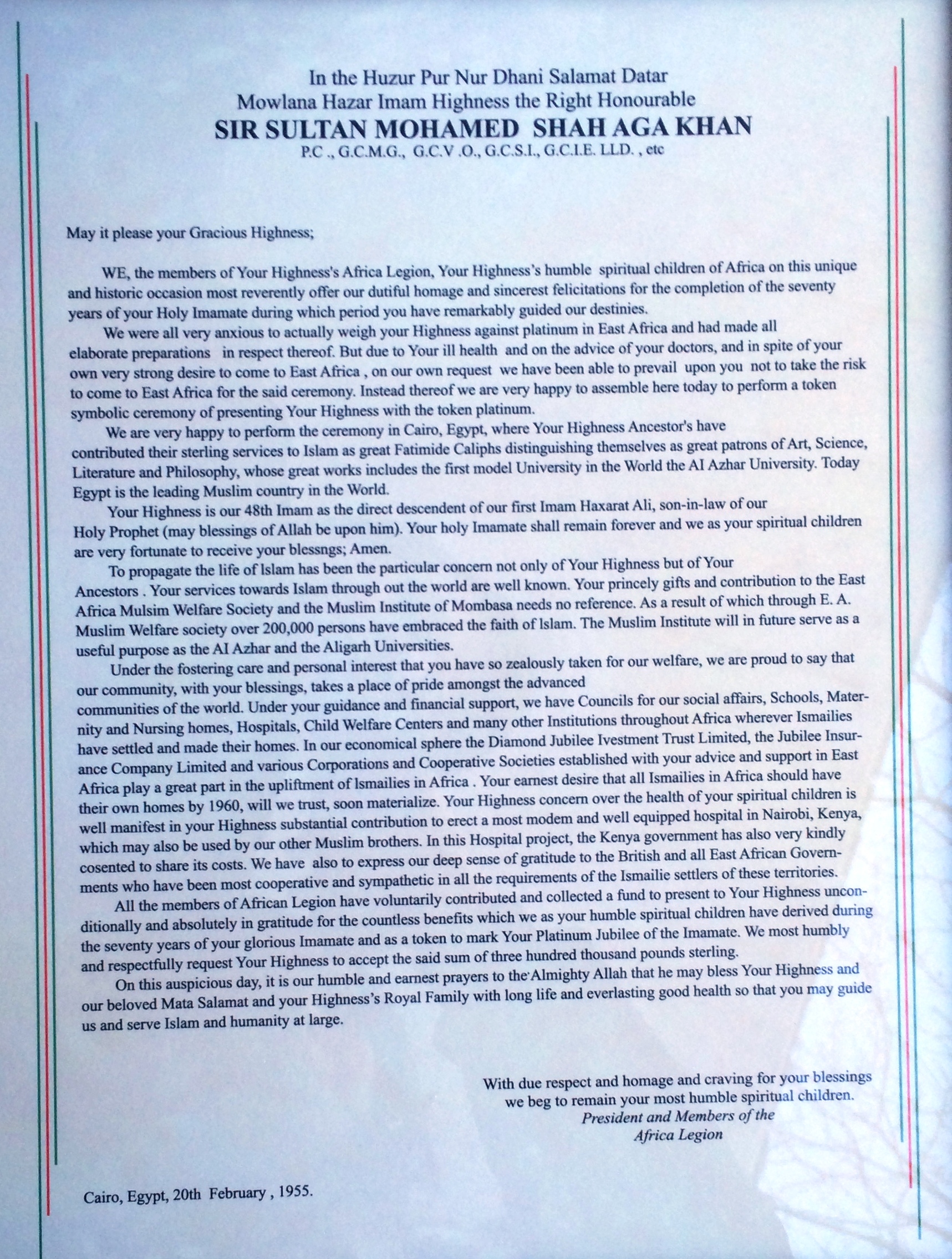 1955 02 20 Aga Khan 3 Platinum Jubilee Presentation